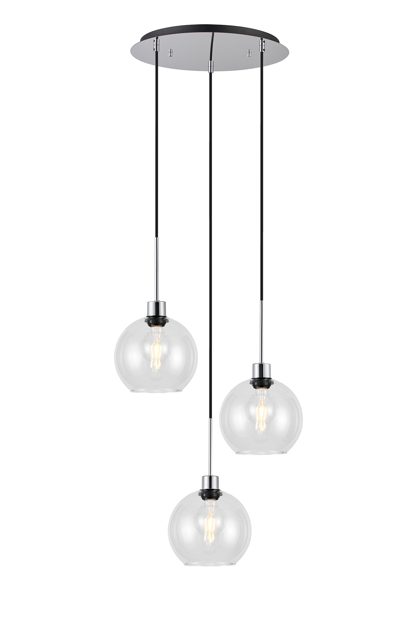 DK1272  Lori 40cm Round Pendant, 3 Light Adjustable E27, Polished Chrome/Clear Open Mouth Round Globe Shades